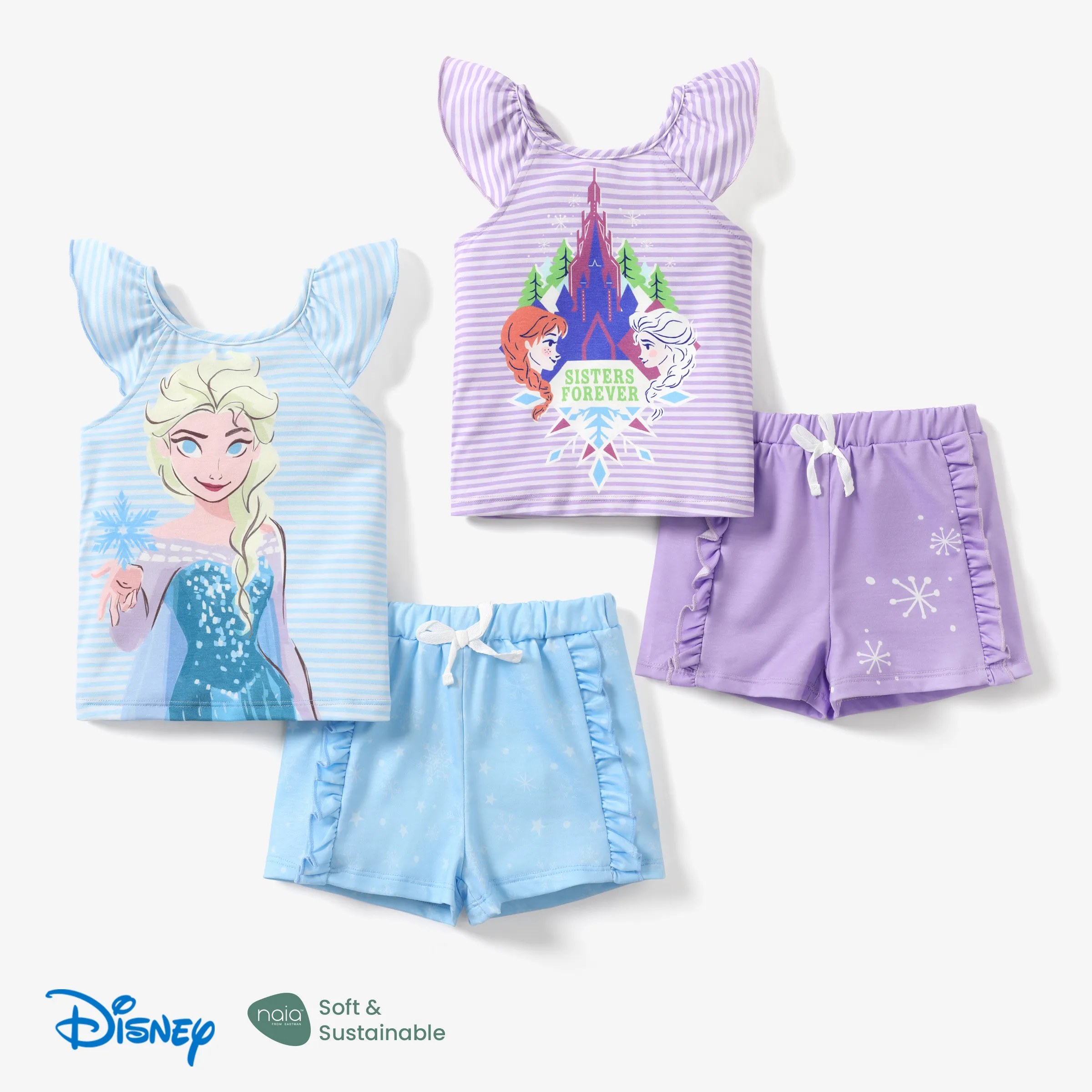 

Disney Frozen Elsa&Anna 2pcs Toddler Girl Naia™ Character Print Ruffled Striped Top with Ruffled Shorts Set