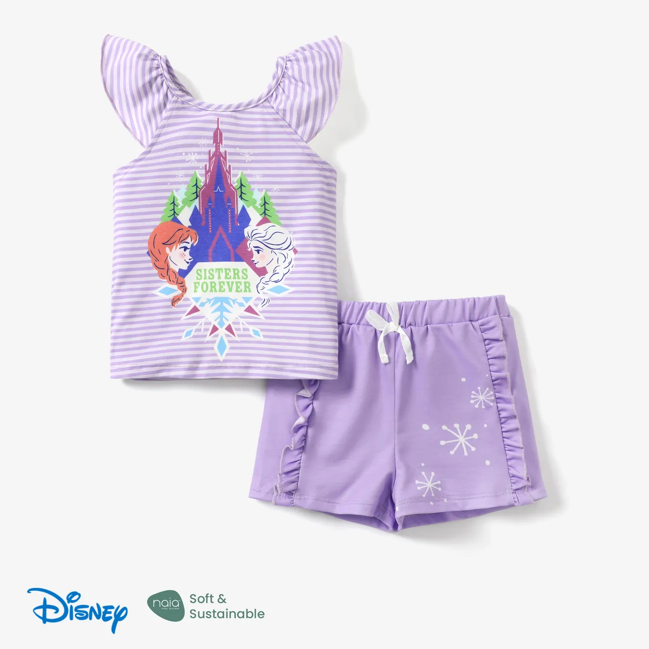 Disney Frozen Elsa&Anna 2pcs Toddler Girl Naia™ Character Print Ruffled Striped Top with Ruffled Shorts Set Purple big image 1