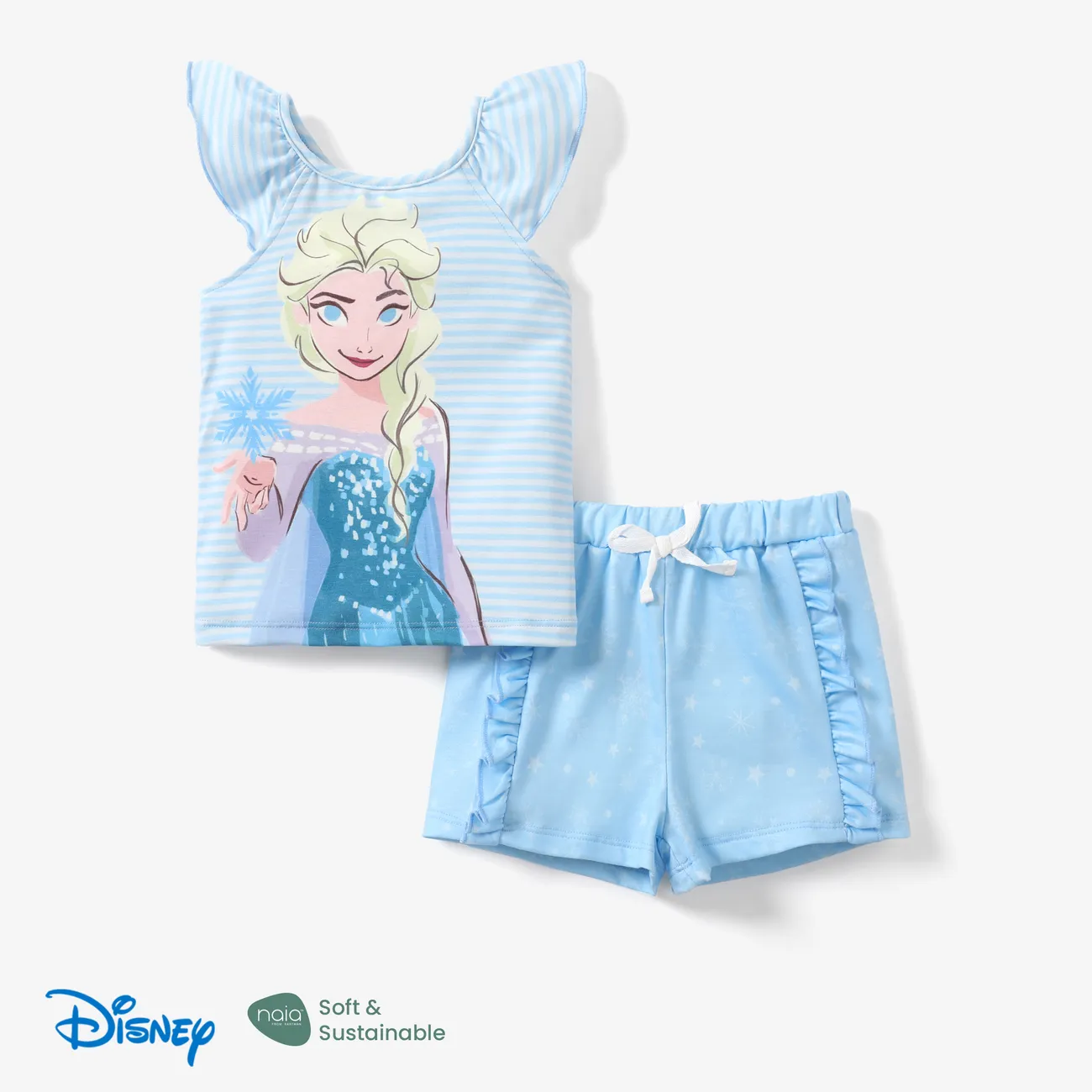 Disney Frozen Elsa&Anna 2pcs Toddler Girl Naia™ Character Print Ruffled Striped Top with Ruffled Shorts Set Blue big image 1