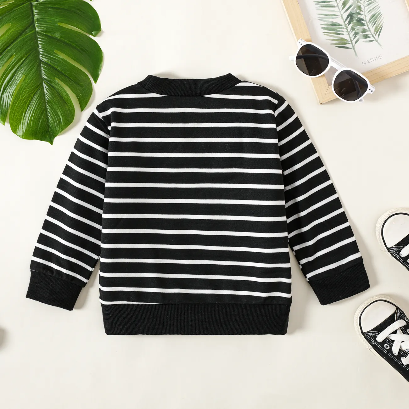 Toddler Boy Excavator Embroidered Stripe/Solid Pullover Sweatshirt Black/White big image 1