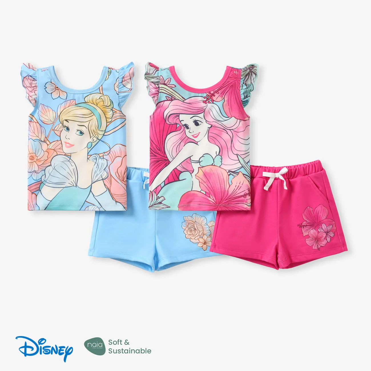 Disney Princess 2 unidades Niño pequeño Chica Mangas con volantes Infantil Flor grande conjuntos de camiseta Rosado big image 1