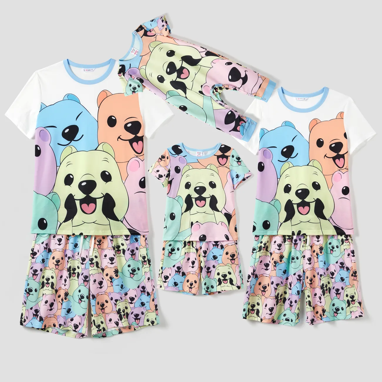 Family Matching Allover Cute Smile Bear Pattern Pajamas Sets (Flame Resistant) Colorful big image 1