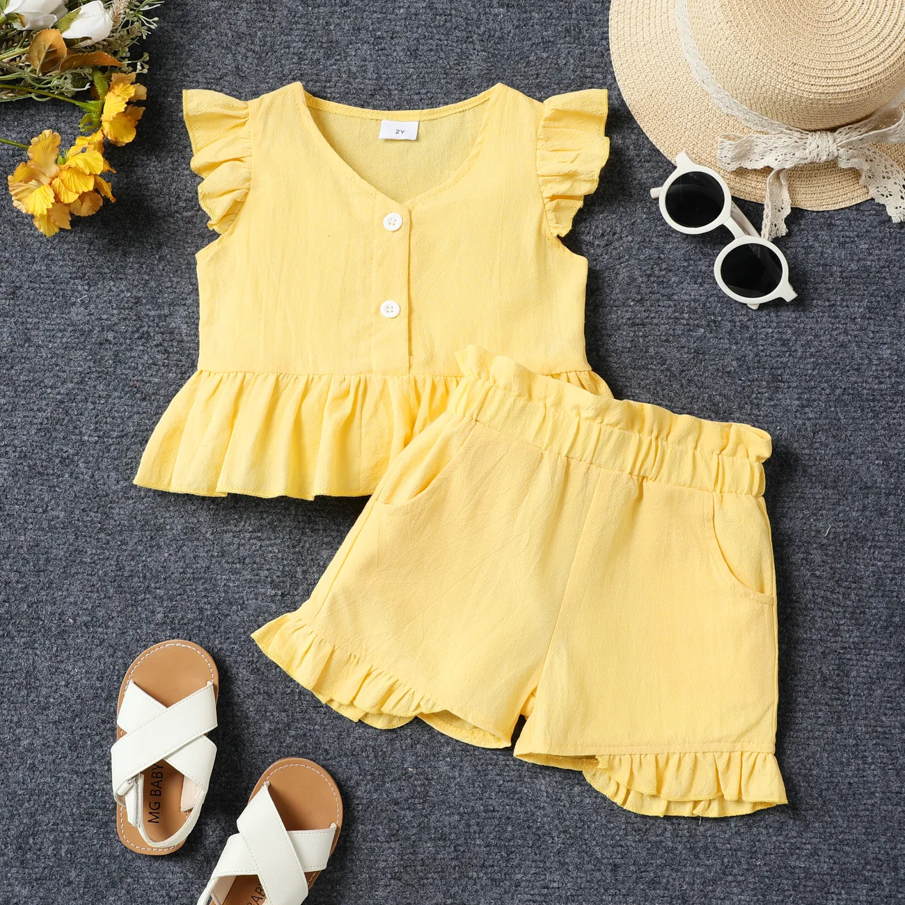 Toddler Girl  Sweet Flutter Sleeve 100%Cotton Top and Shorts Set Yellow big image 1