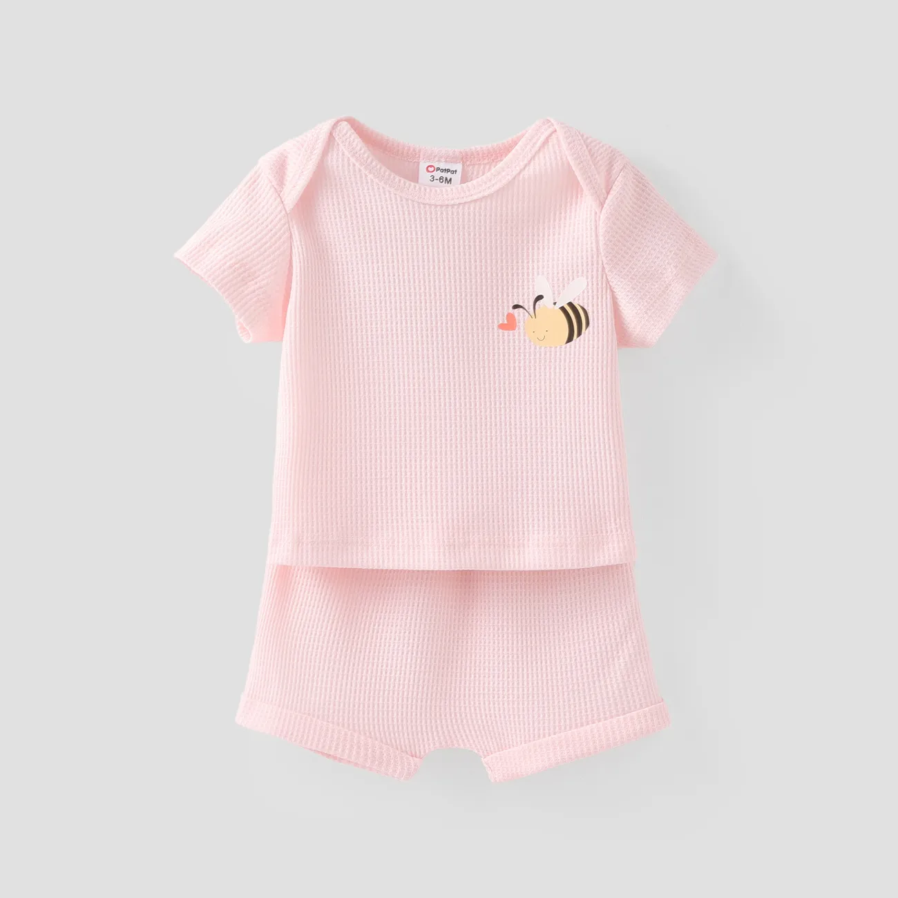 Baby Girl 2pcs Waffle Fabric Bee Print Tee and Shorts Set Pink big image 1