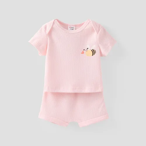 Bebé Niña 2pcs Waffle Fabric Bee Print Tela Camiseta y Shorts Set