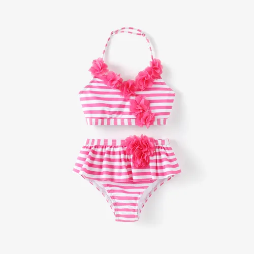 Toddler Girl 2pcs 3D Floral Decor Stripe Print Swimsuits Set