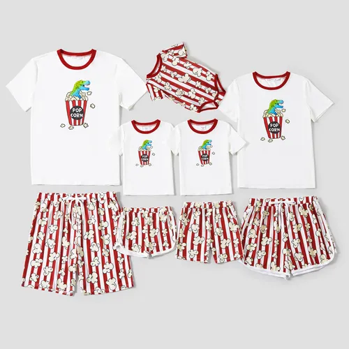 Family Matching Dinosaur Popcorn Pattern Top and Stripe shorts Pajama Sets (Flame Resistant)