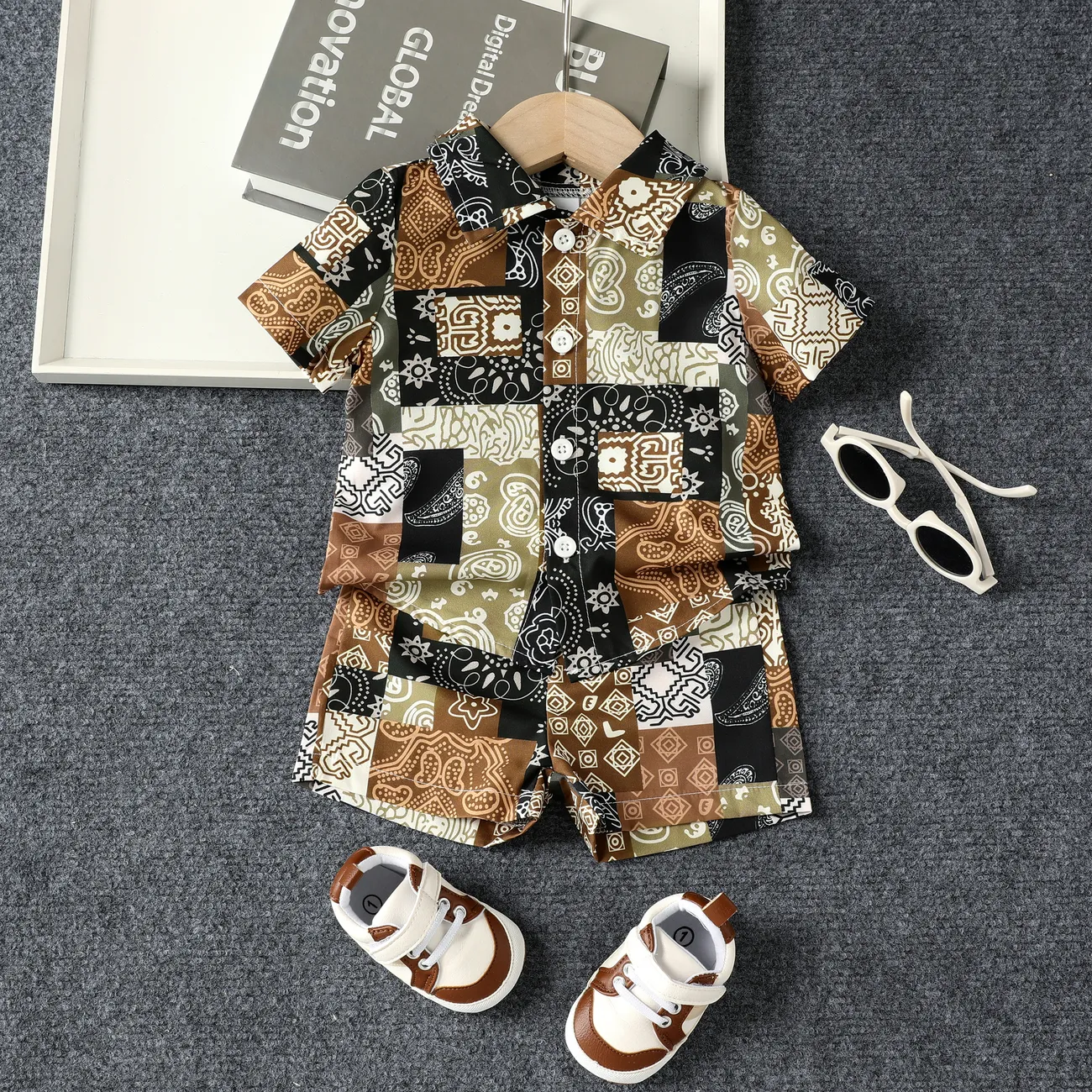2pcs Baby Boy Casual Ethnic Lapel Shirt and Shorts Set  Brown big image 1