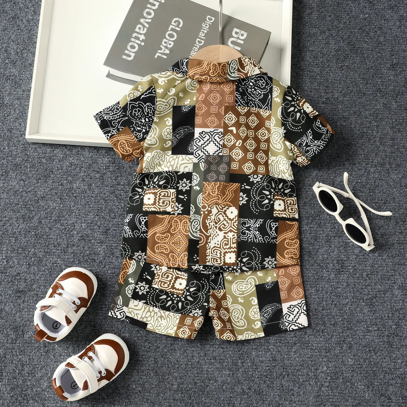 2pcs Baby Boy Casual Ethnic Lapel Shirt and Shorts Set  Brown big image 1