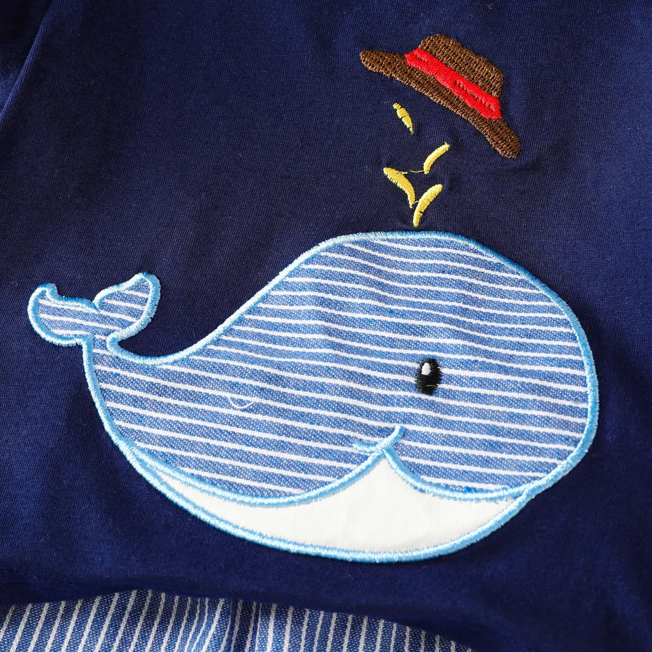 2pcs Baby Boys Whale Embroidery  Casual Animal Pattern Stand Collar Short Sleeve Top and Denim Pants Set  Dark Blue big image 1