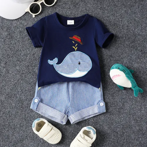 2pcs Baby Boys Whale Embroidery  Casual Animal Pattern Stand Collar Short Sleeve Top and Denim Pants Set 