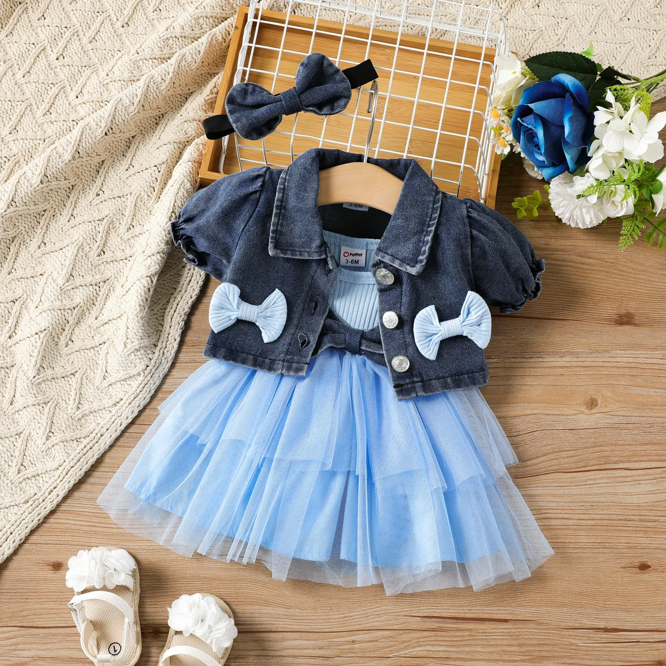 3件 嬰兒 襟貼 甜美 短袖 套裝裙 淺藍 big image 1