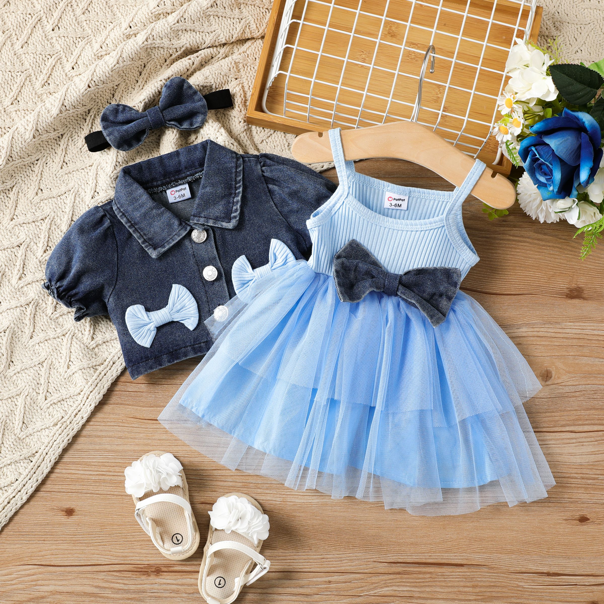 3pcs Baby Girl Cute Sweet Lapel Solid Color Denim Top and Dress Set