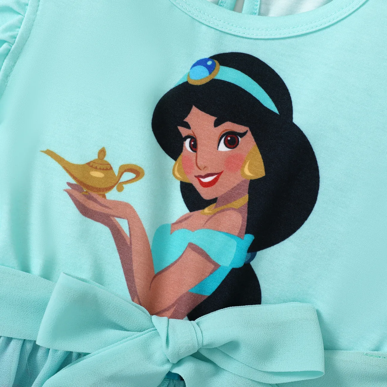 Disney Princess Ariel/Jasmine/Rapunzel/Moana 1pc Toddler Girl Character Print Bowknot Mesh Ruffled Romper Turquoise big image 1