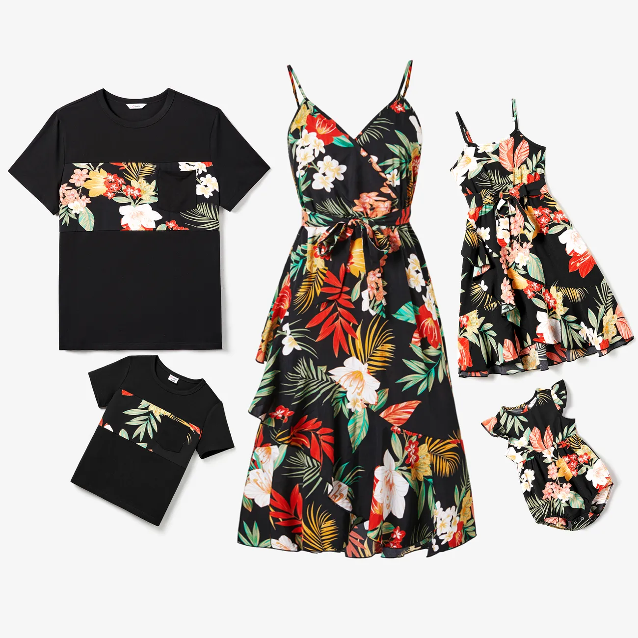 Family Matching Large Floral Wrap Front Strap Dress and Colorblock T-shirt Sets Black big image 1