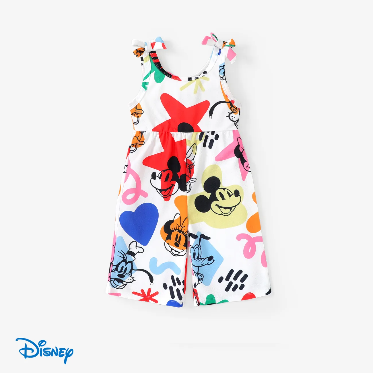 Disney Mickey and Friends 1pc Toddler/Kids Girls Sleeveless Bowknot Character Doodle Print Jumpsuit White big image 1