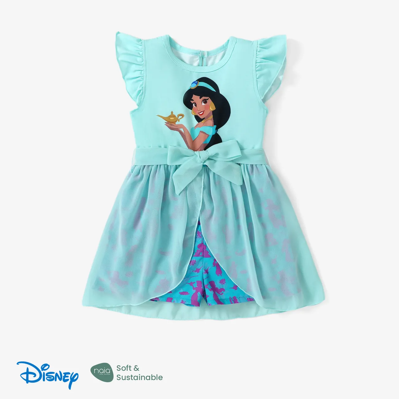 Disney Princess Ariel/Jasmine/Rapunzel/Moana 1pc Toddler Girl Character Print Bowknot Mesh Ruffled Romper Turquoise big image 1