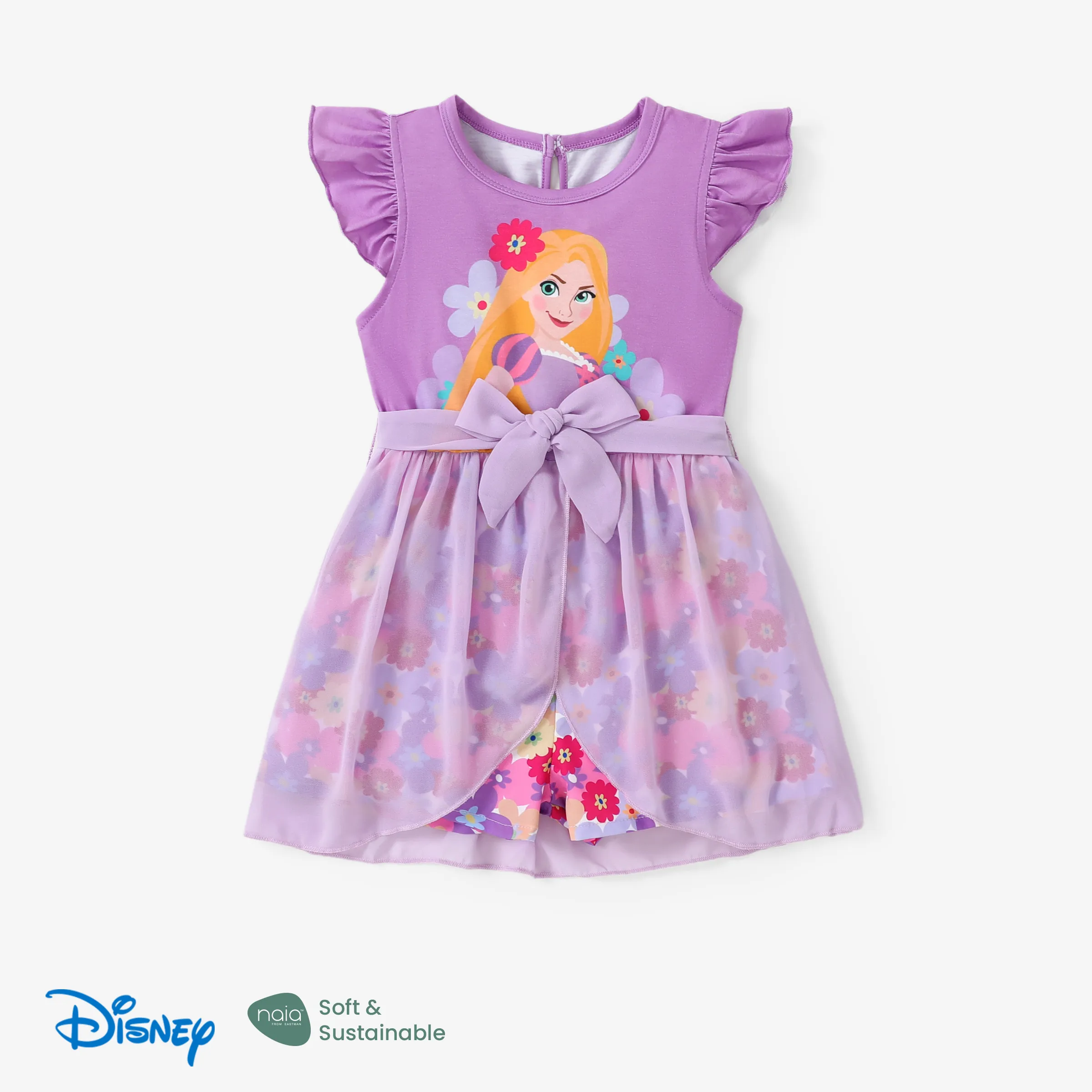 

Disney Princess Ariel/Jasmine/Rapunzel/Moana 1pc Toddler Girl Character Print Bowknot Mesh Ruffled Romper