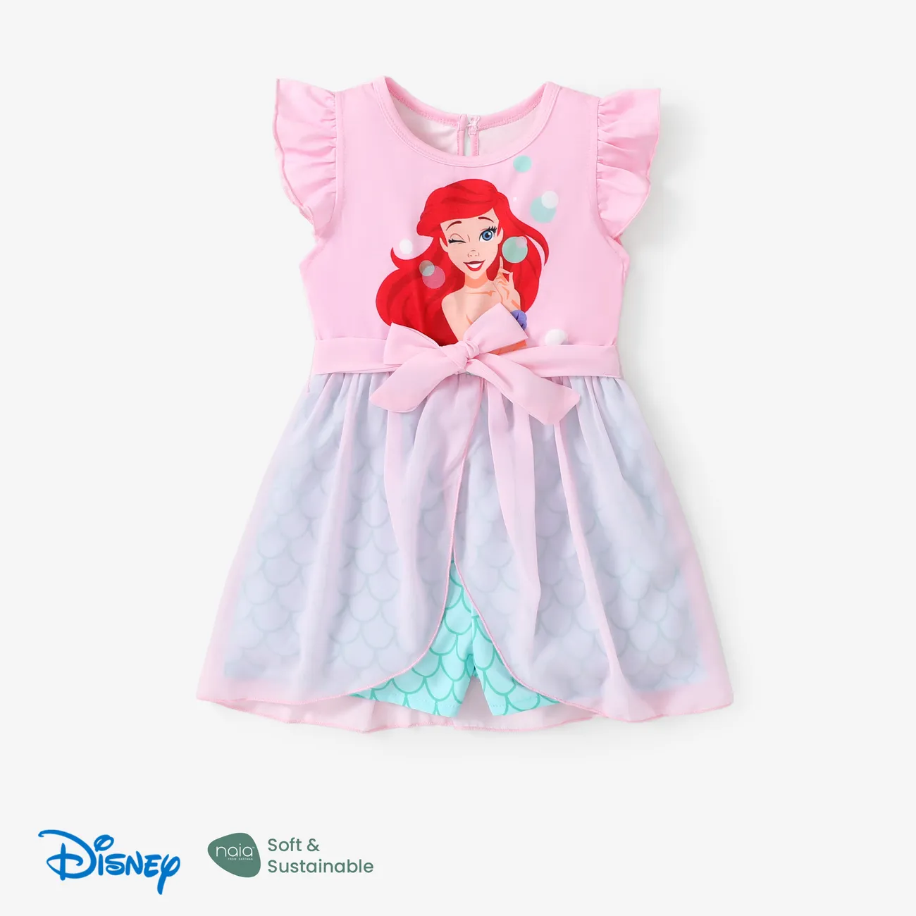 Disney Princess Ariel/Jasmine/Rapunzel/Moana 1pc Toddler Girl Character Print Bowknot Mesh Ruffled Romper Pink big image 1
