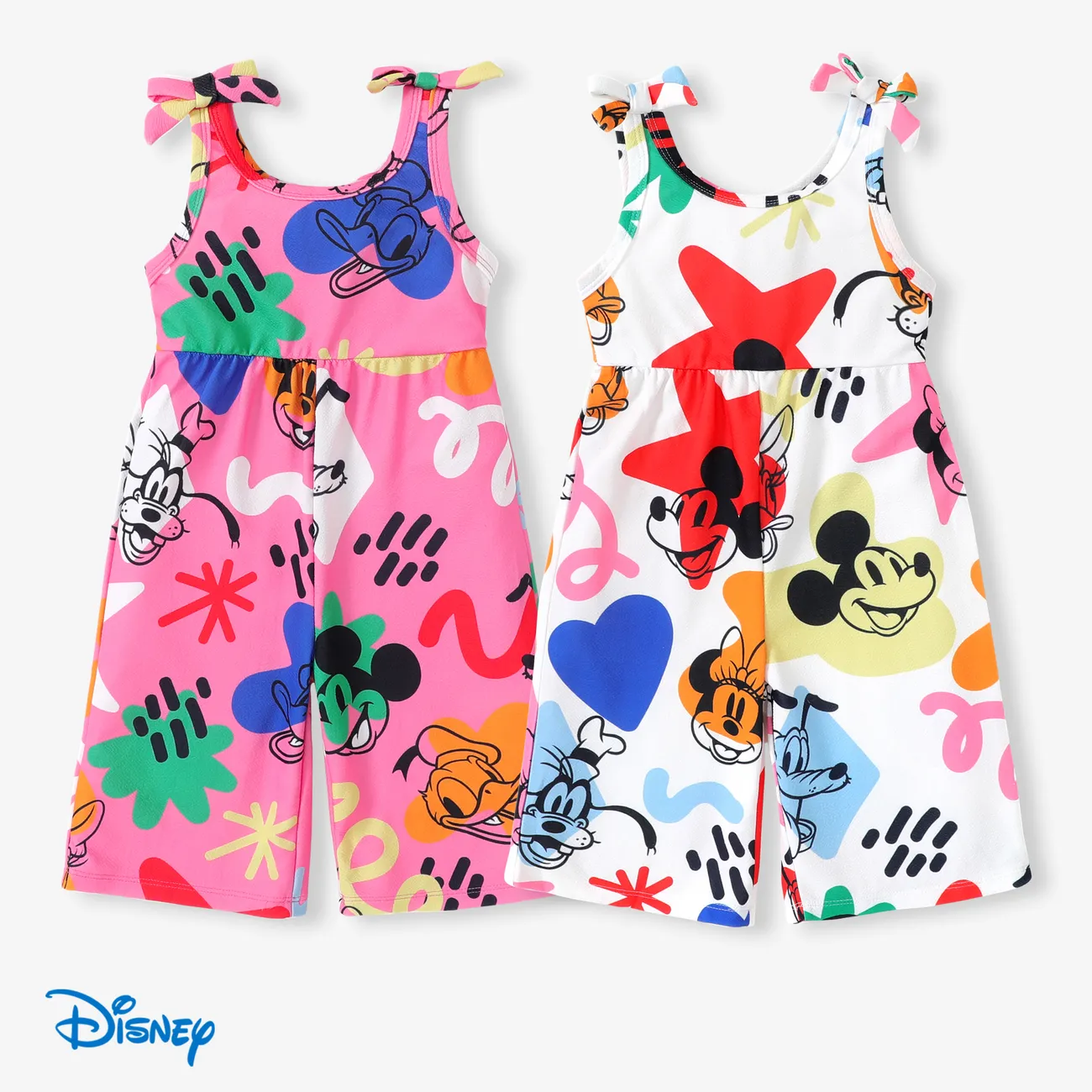 Disney Mickey and Friends 1pc Toddler/Kids Girls Sleeveless Bowknot Character Doodle Print Jumpsuit White big image 1
