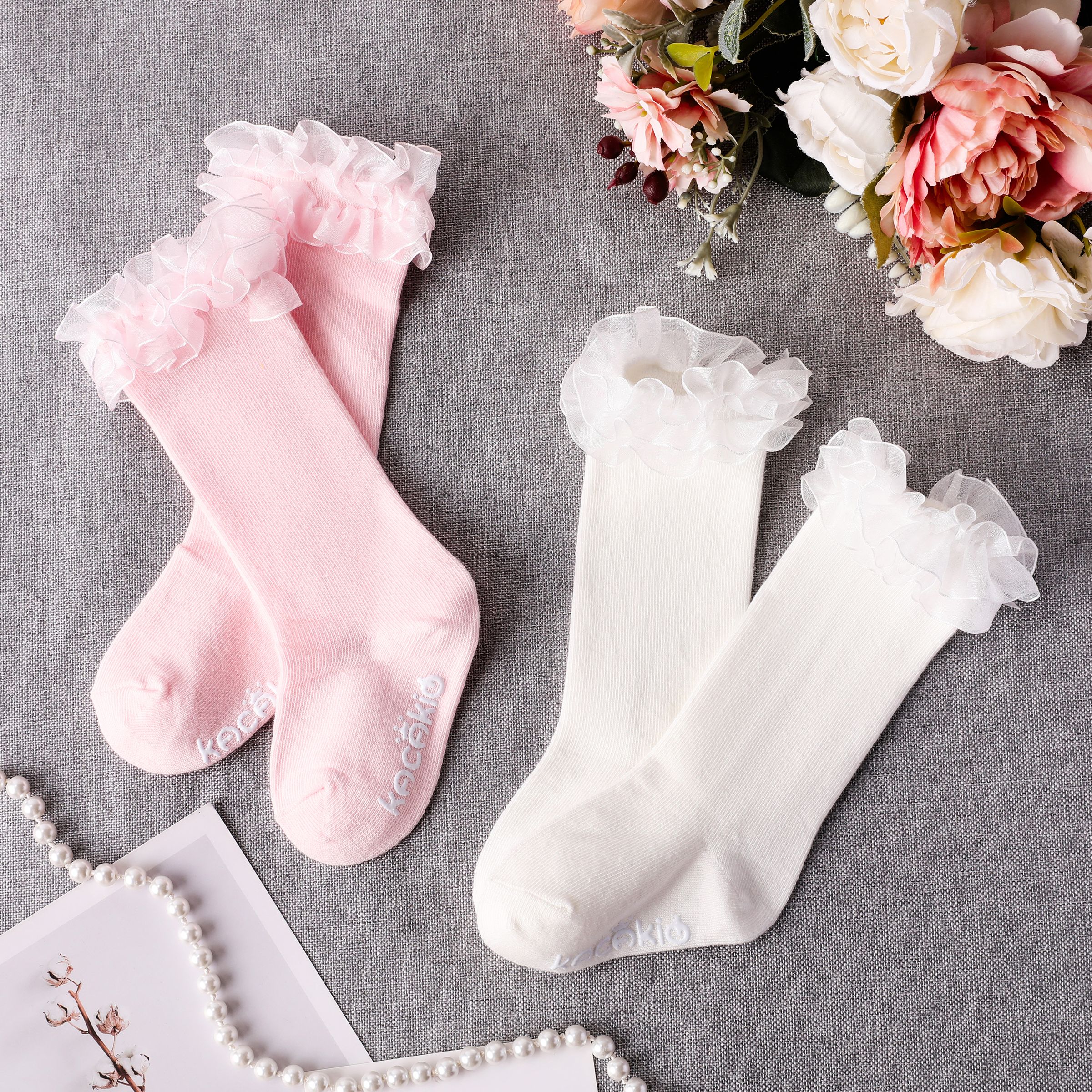 純棉嬰兒/幼兒女孩甜美可愛春夏蕾絲中小腿襪