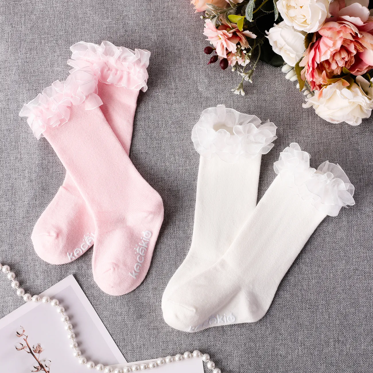 Bebê / criança menina doce bonito primavera / verão meias de renda de bezerro médio em algodão puro Branco big image 1
