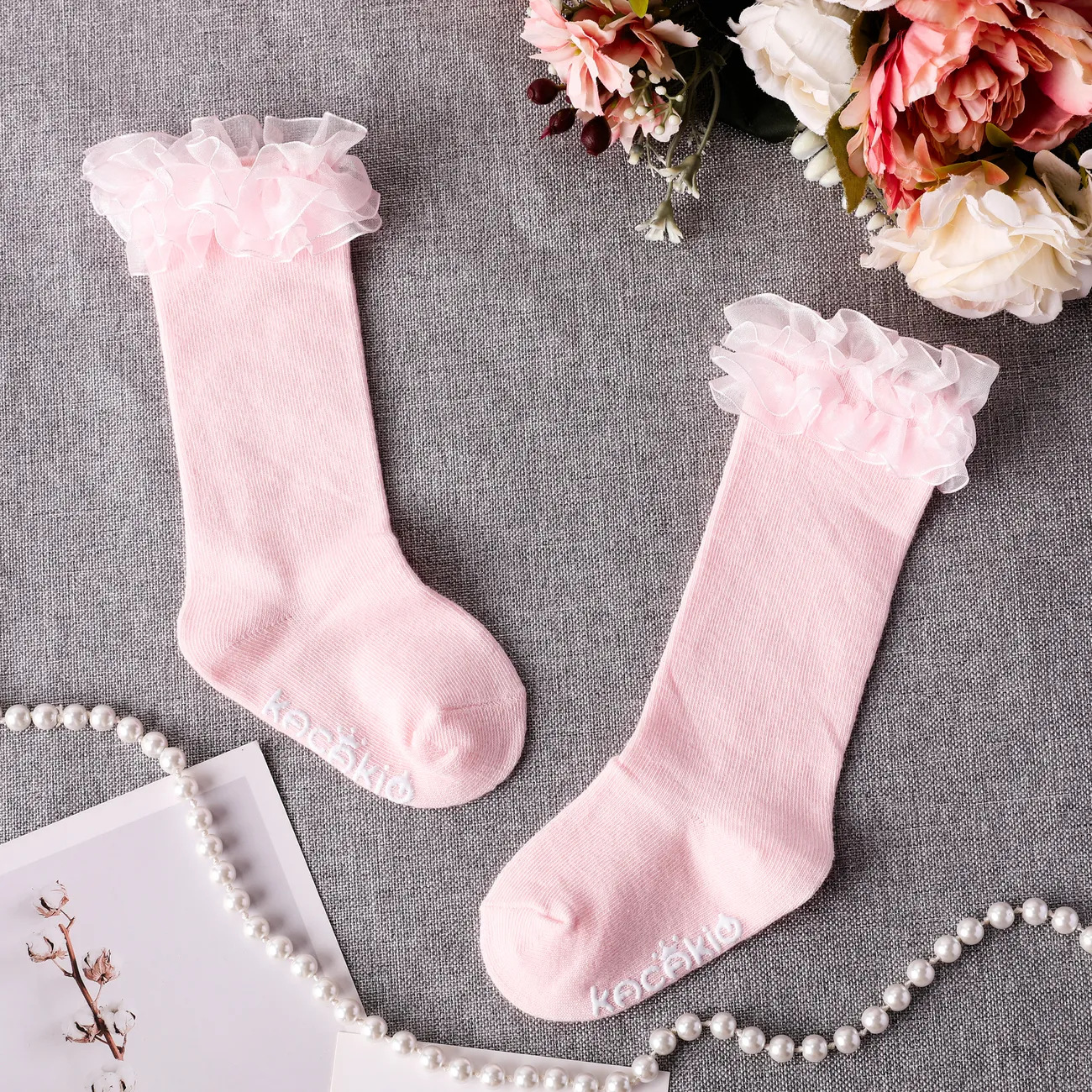 Bebê / criança menina doce bonito primavera / verão meias de renda de bezerro médio em algodão puro Rosa big image 1