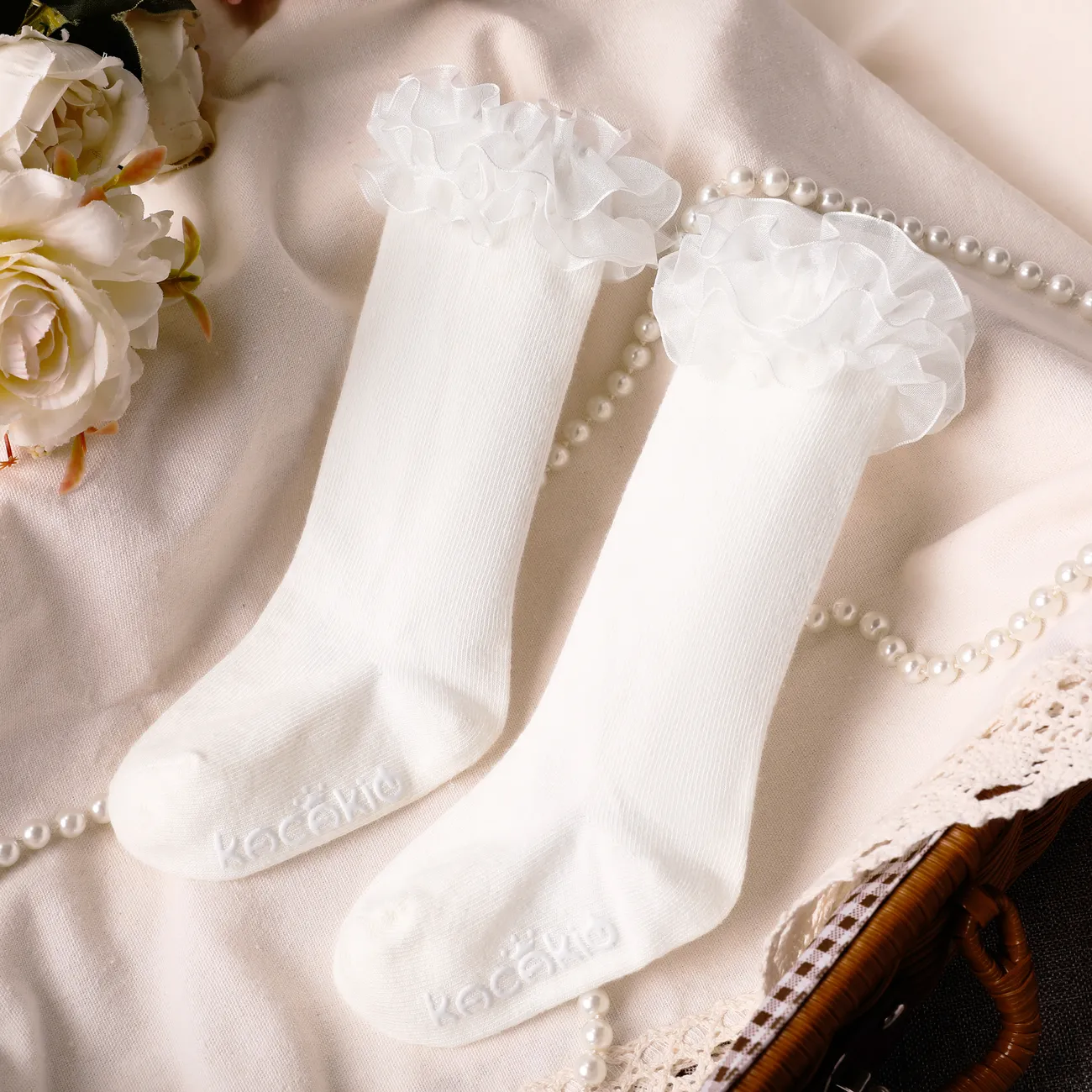 Calcetines de media pantorrilla de encaje de primavera/verano para bebé/niña pequeña dulce y linda en algodón puro Blanco big image 1