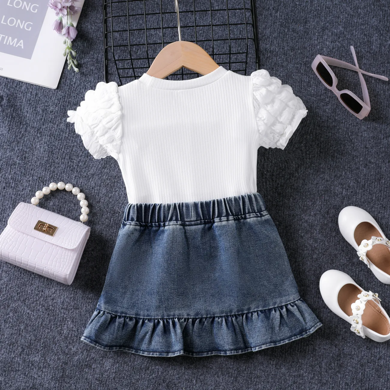 2PCS Toddler Girl  Sweet Puff Sleeve T-shirt and Denim Skirt Dress Set  White big image 1
