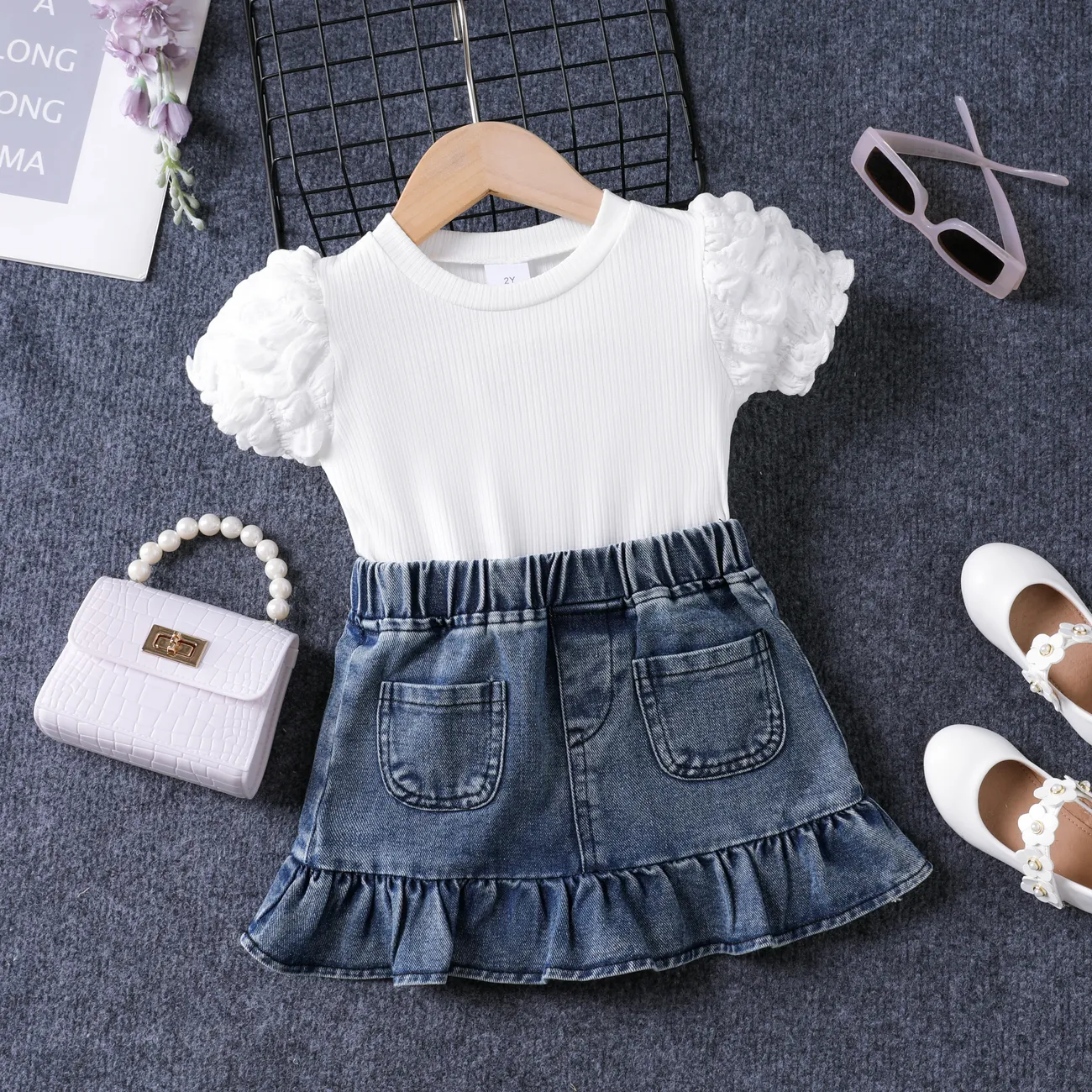 2PCS Toddler Girl  Sweet Puff Sleeve T-shirt and Denim Skirt Dress Set  White big image 1