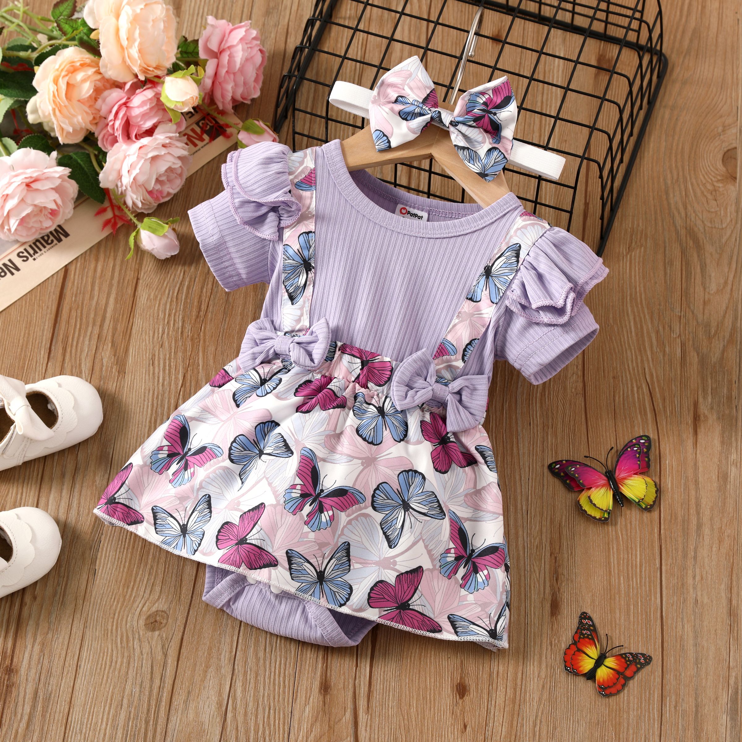 Baby Girls Sweet Butterfly Print Dress and Matching Headband  Set