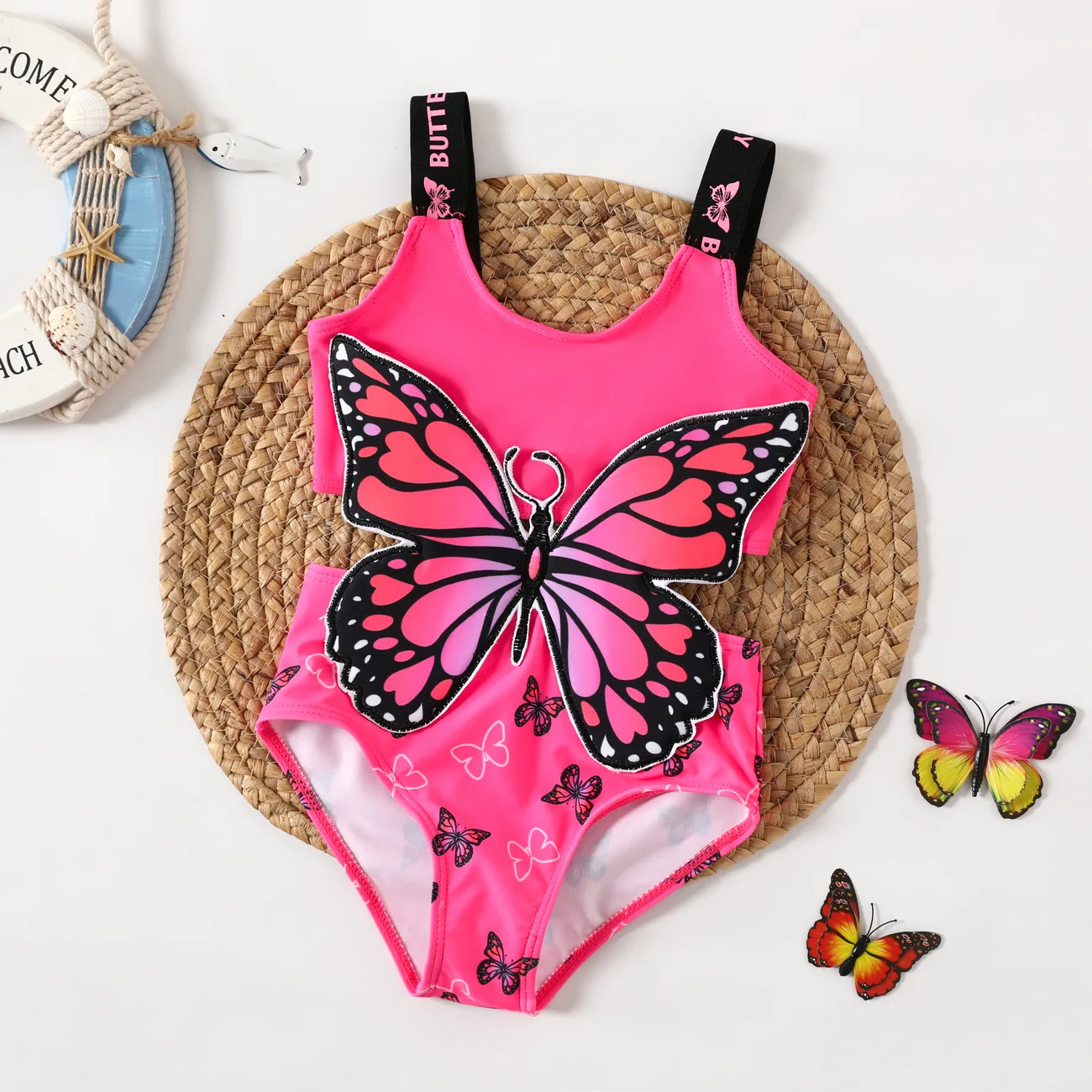 Animal Pattern Butterfly 3D Hyper-Tactile Set di costumi da bagno in due pezzi per ragazze (poliestere/spandex) Rosa Acceso big image 1