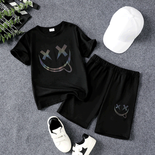 2pcs Kid Boy Colorful Reflective Smiling Face Print  Sporty Expression Tee and Shorts Set 