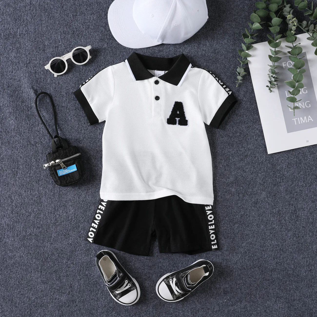 2pcs Toddlers Girl Casual Solid Color Shirt Collar Top and Shorts Sets  BlackandWhite big image 1