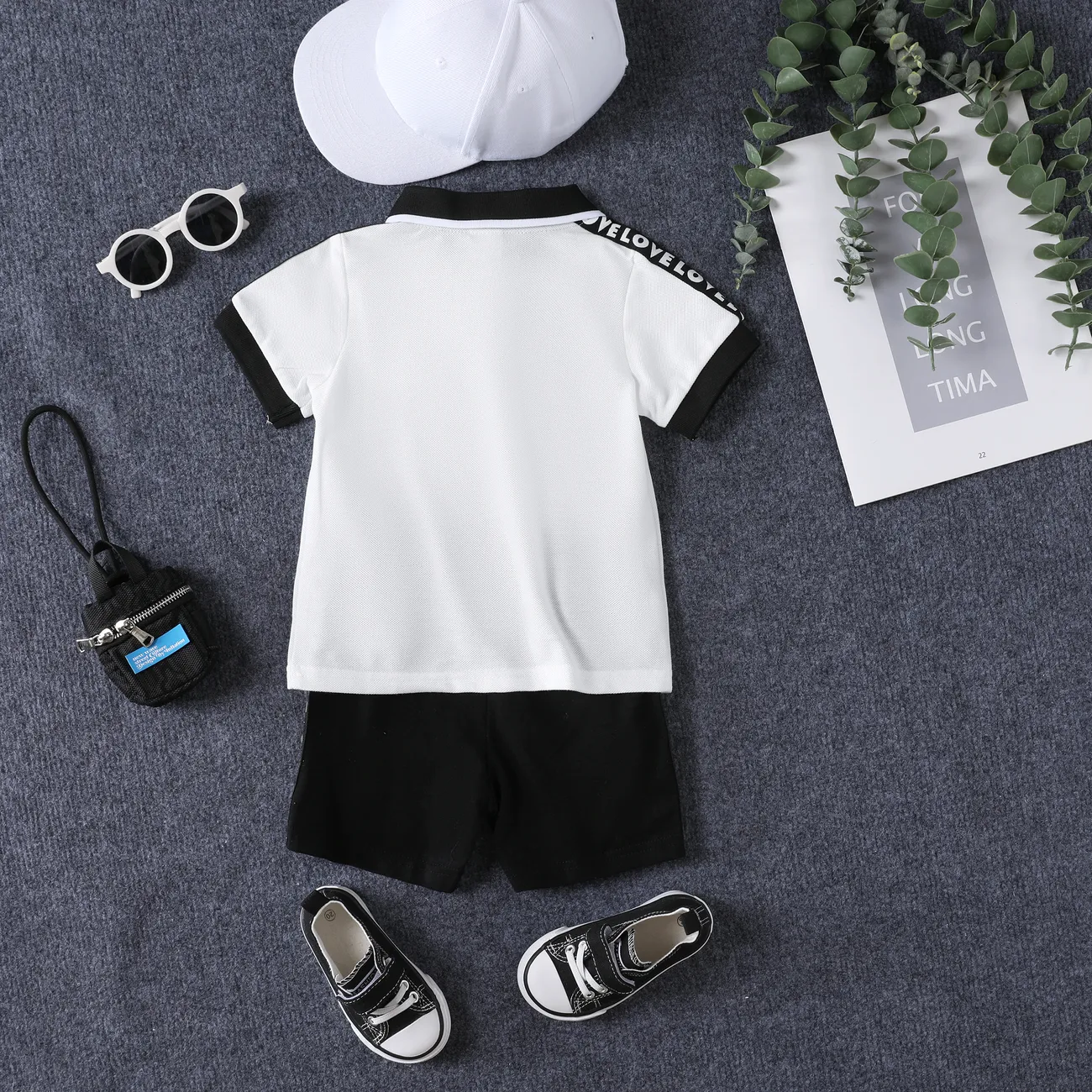 2pcs Toddlers Girl Casual Solid Color Shirt Collar Top and Shorts Sets  BlackandWhite big image 1