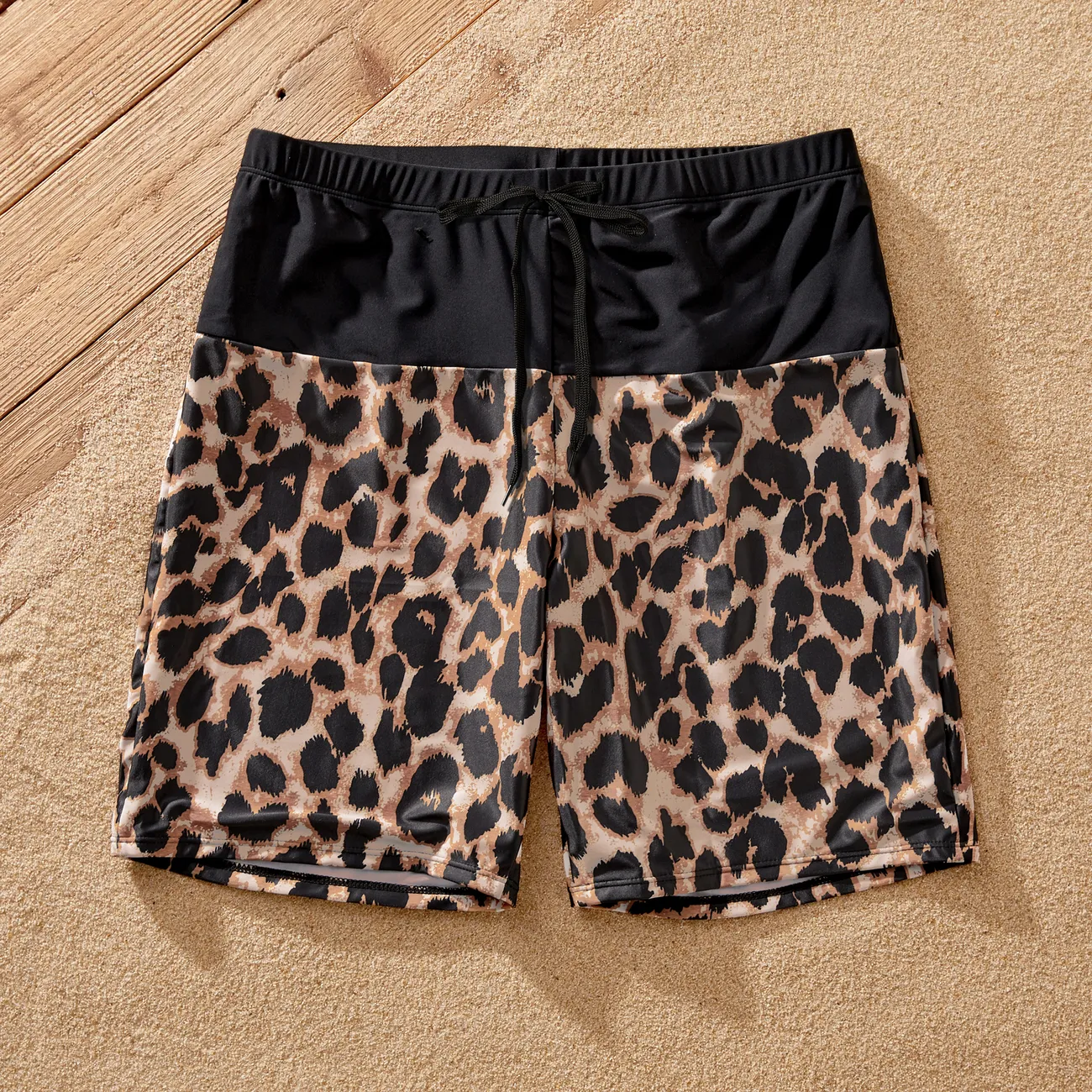 Family Matching Leopard Panel Cut Out Waist One-Shoulder One Piece Swimsuit or Swim Trunks Shorts Black big image 1