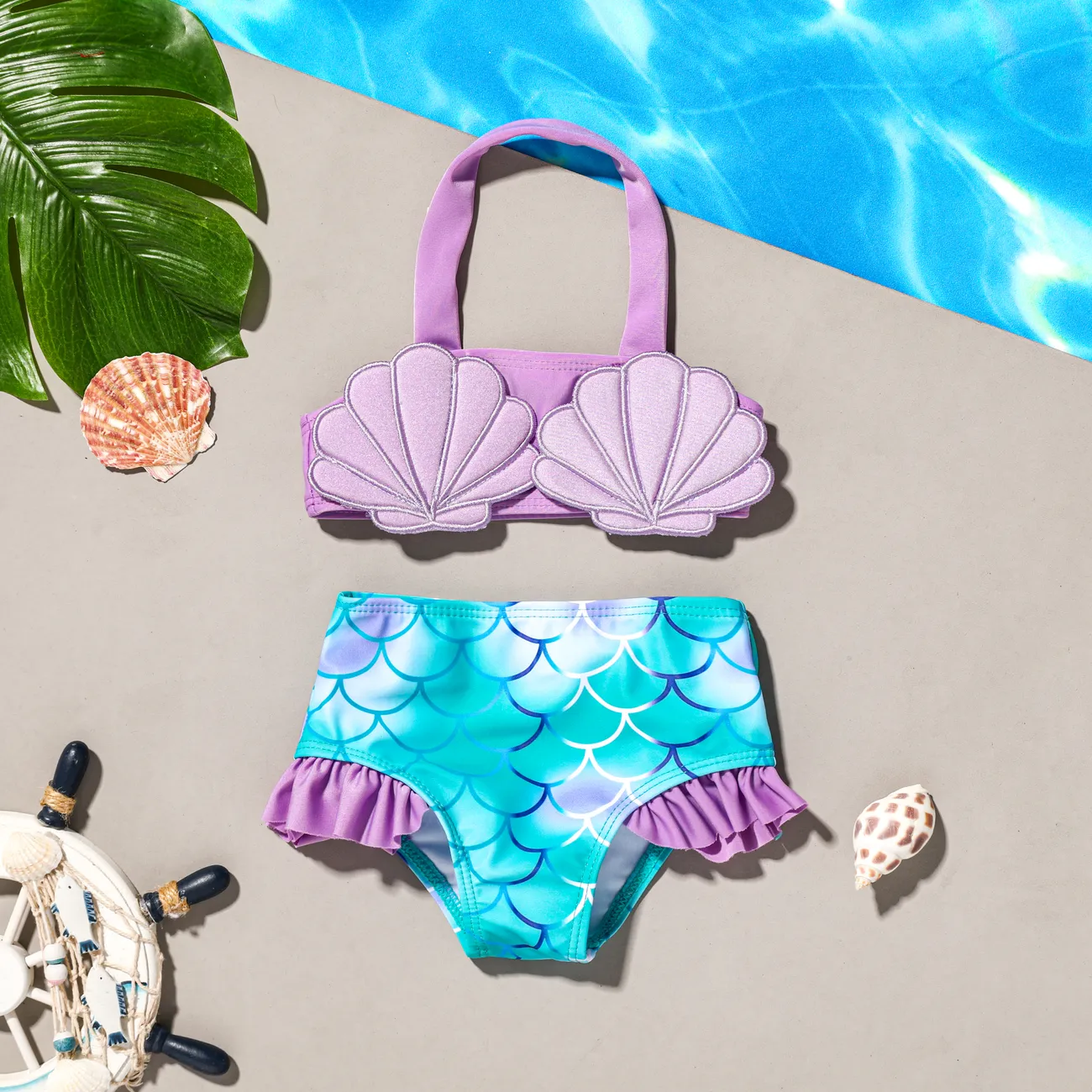 2pcs Baby Girls Mermaid Halter Swimwear Top and Shorts Set  Purple big image 1