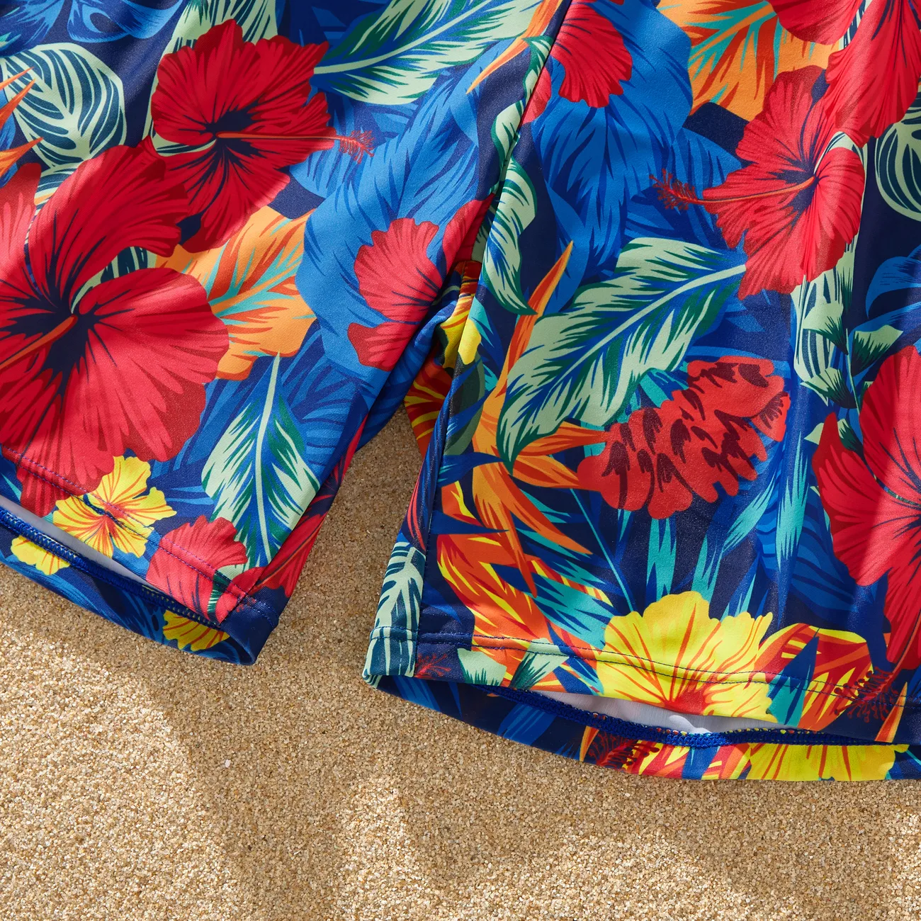 Family Matching Solid Scallop Trim Strappy Two-piece Swimsuit or Allover Floral Print Swim Trunks Shorts ColorBlock big image 1