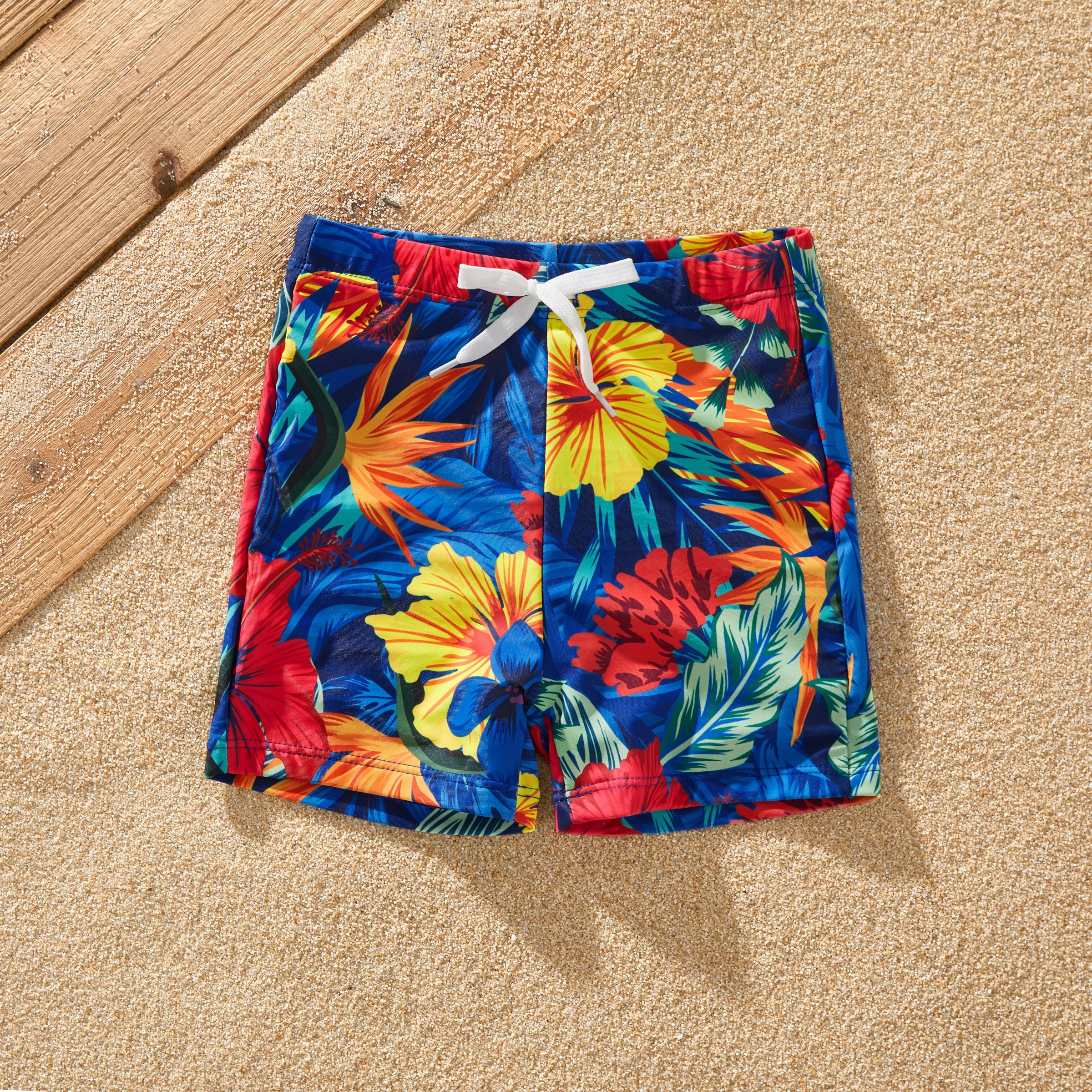 Family Matching Solid Scallop Trim Strappy Two-piece Swimsuit or Allover Floral Print Swim Trunks Sh