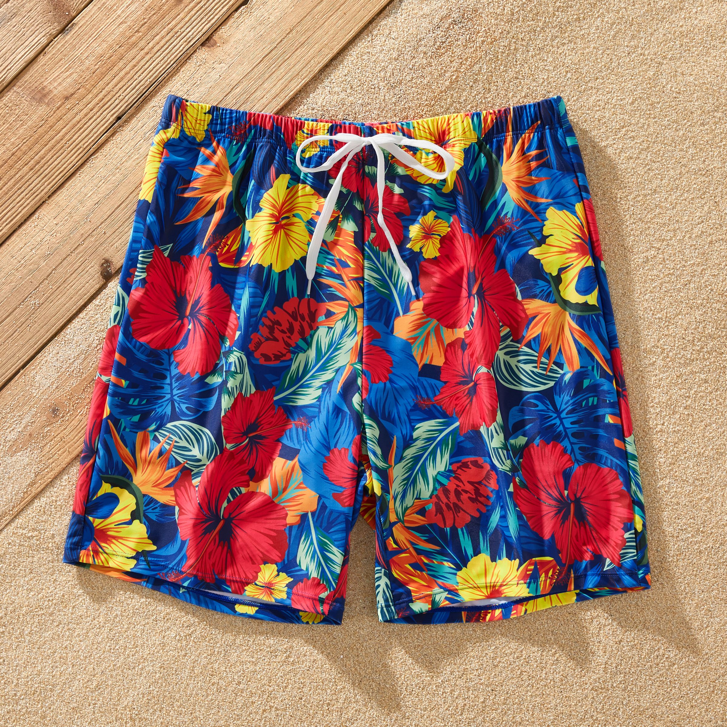 

Family Matching Solid Scallop Trim Strappy Two-piece Swimsuit or Allover Floral Print Swim Trunks Shorts