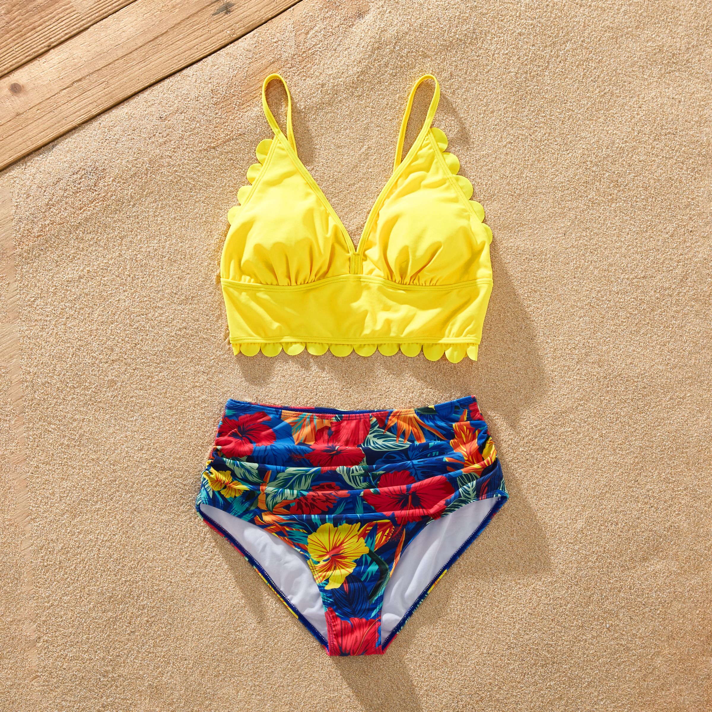 

Family Matching Solid Scallop Trim Strappy Two-piece Swimsuit or Allover Floral Print Swim Trunks Shorts