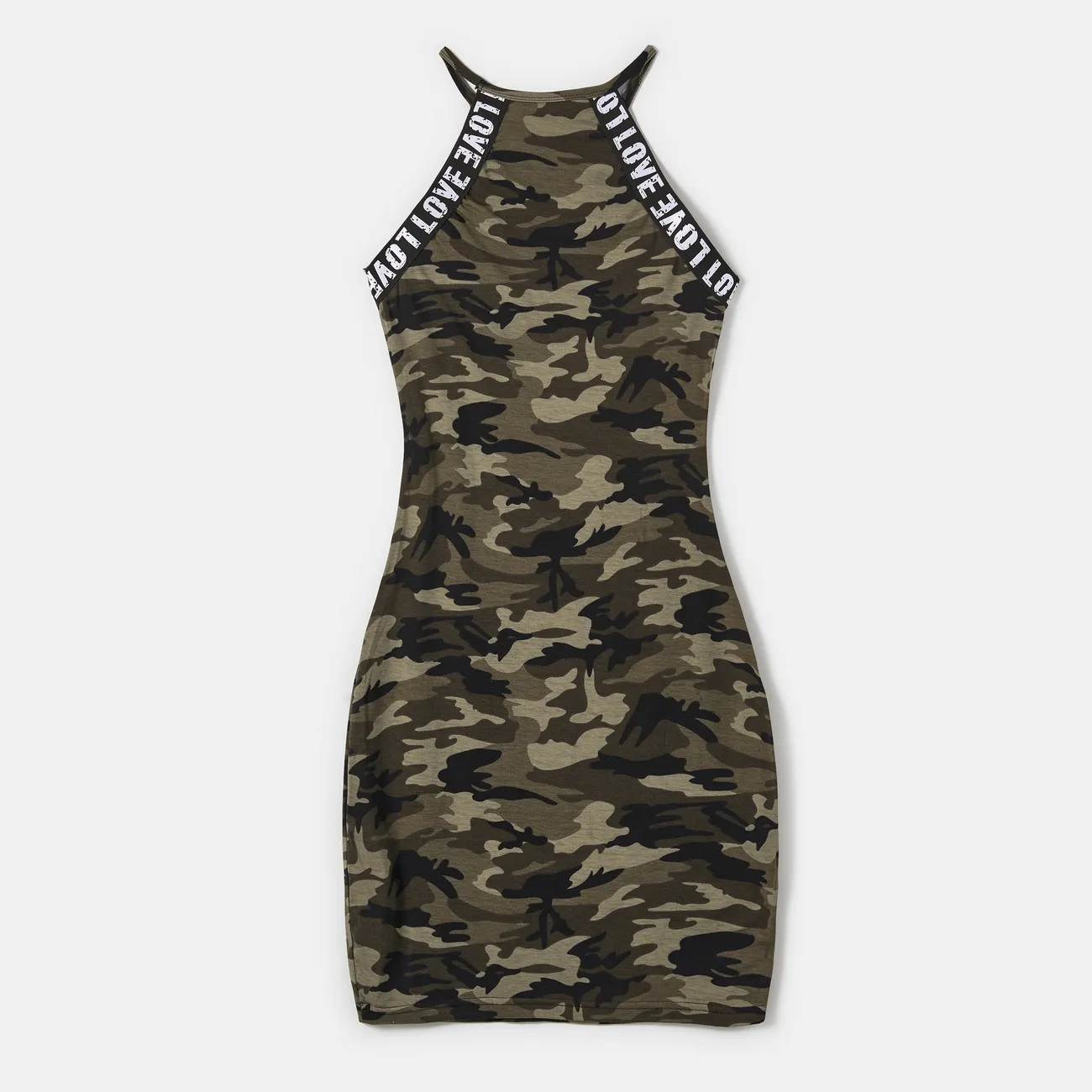 Family Matching Letter Design Camouflage Halter Neck Sleeveless Bodycon Dresses and Cotton Short-sleeve Spliced T-shirts Sets MultiColour big image 1