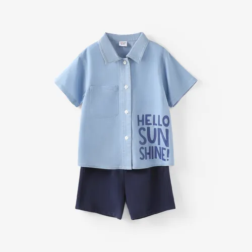 Toddler/Kid Boy 2pcs Cooling Denim Letter Print Shirt and Shorts Set