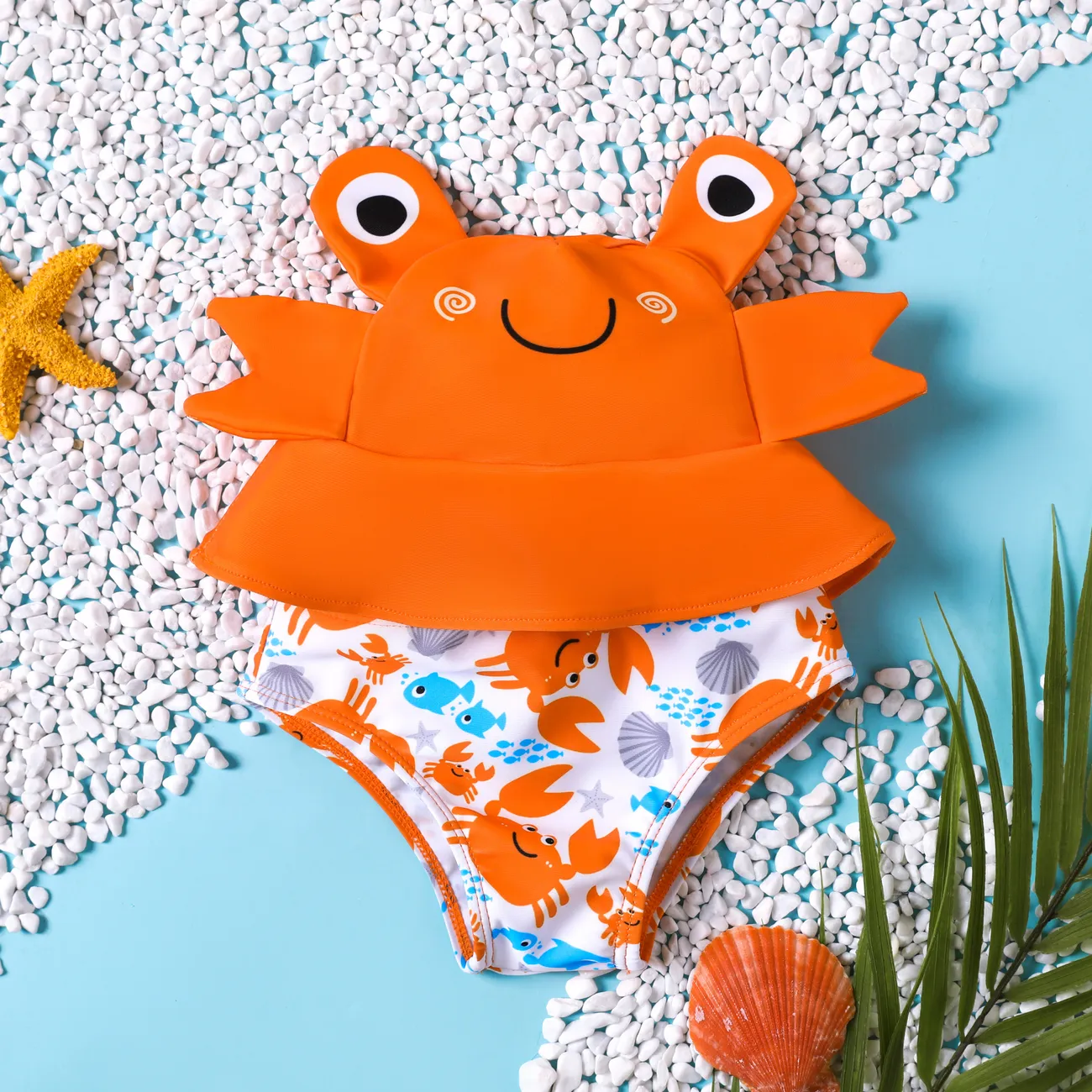 2pcs Baby Boy Hyper-Tactile 3D Print Marine Element Swim Trunk and Hat Set  Orange big image 1