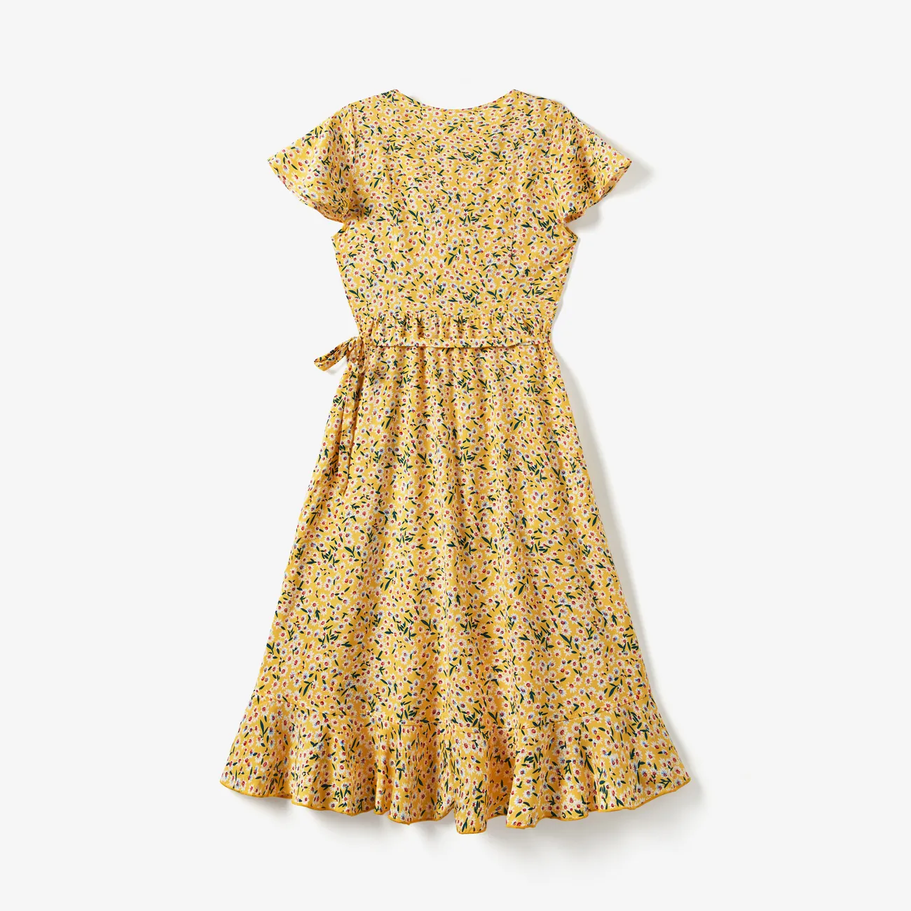 Family Matching Allover  Floral Print Surplice Neck Short-sleeve  Ruffled Dresses and Colorblock Tee Sets Yellow big image 1