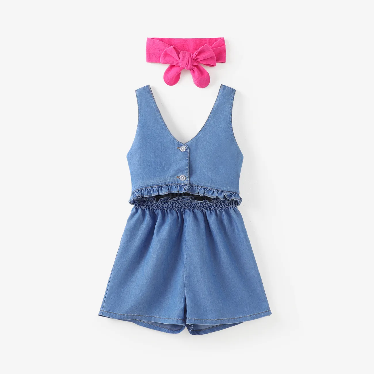 Toddler/Kid Girl Cooling Denim/Floral Print Ruffled Jumpsuit DENIMBLUE big image 1