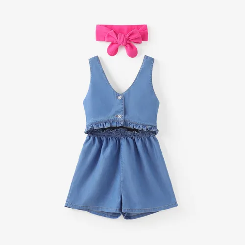 Toddler/Kid Girl Cooling Denim/Floral Print Ruffled Jumpsuit