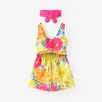 Toddler/Kid Girl Cooling Denim/Floral Print Ruffled Jumpsuit Yellow