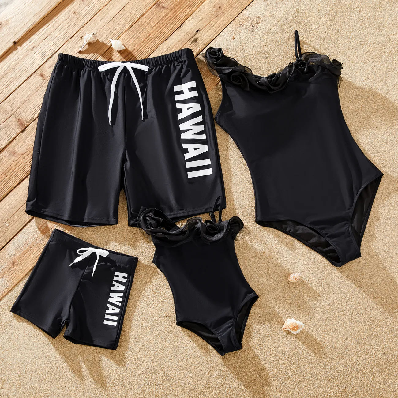 Family Matching HAWAII Letter Drawstring Swim Trunks or 3D Flower One-Piece Swimsuit Black big image 1