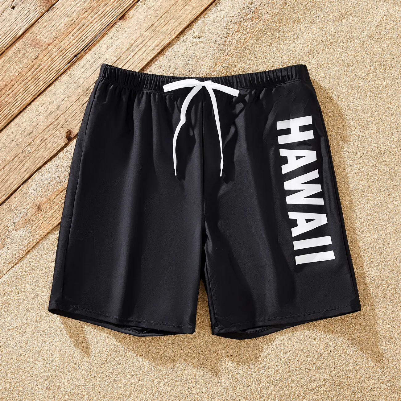 Family Matching HAWAII Letter Drawstring Swim Trunks or 3D Flower One-Piece Swimsuit Black big image 1